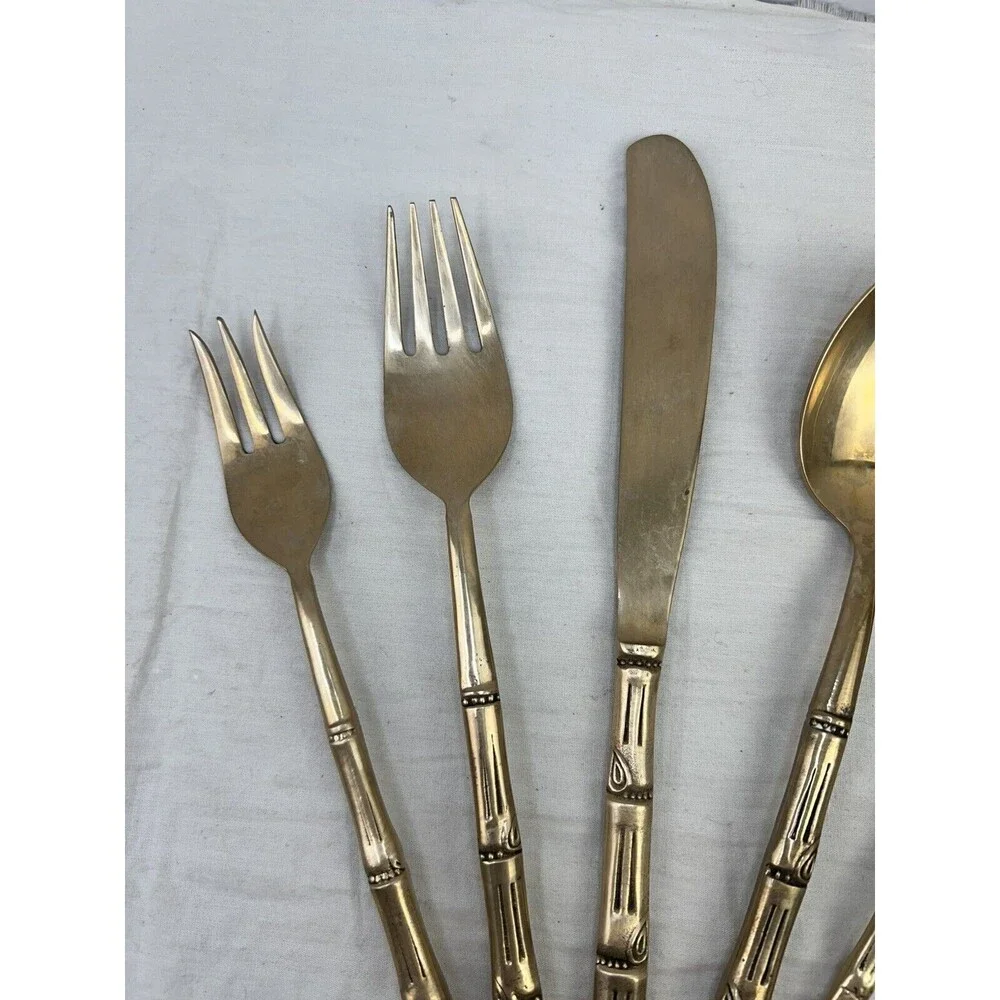 Vtg MCM Nickel Bronze Faux Bamboo Flatware 5 PCs Set Server 1 Retro‎ Decor